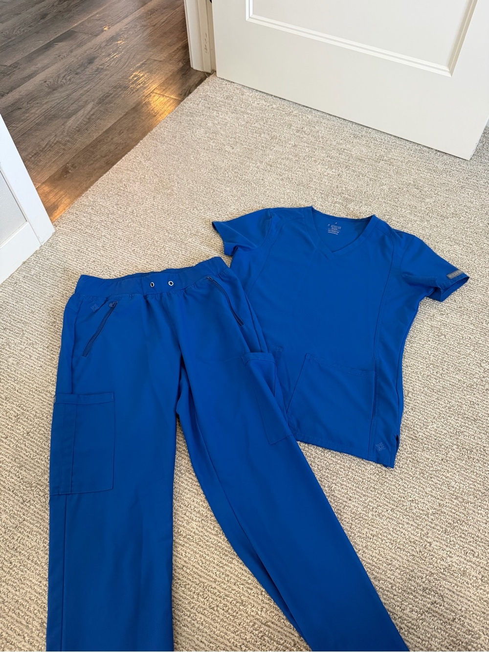 Med Couture Women's Scrub Set in Royal Blue - V-Neck Top & Cargo Jogger Pants